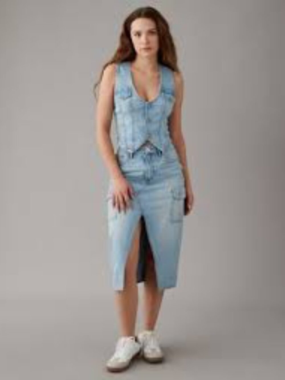 AE Dreamy Drape Light Blue Women Cargo Denim Midi High Rise Skirt Jeans Size 2